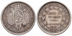 Bolivia. 50 centavos. 1897. Potosí. CB. (Km-161.5). Ag. 11,47 g. Choice VF. Est...25,00. 

Spanish description: Bolivia. 50 centavos. 1897. Potosí. ...