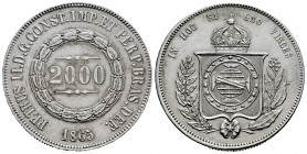 Brazil. D. Pedro II. 2000 reis. 1865. (Km-466). Ag. 25,32 g. Cleaned. Almost XF. Est...40,00. 

Spanish description: Brasil. D. Pedro II. 2000 reis....