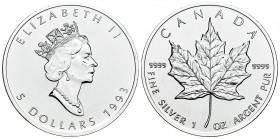 Canada. Elizabeth II. 5 dollars. 1993. (Km-187). Ag. 31,45 g. Mint state. Est...35,00. 

Spanish description: Canadá. Elizabeth II. 5 dollars. 1993....