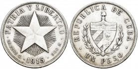 Cuba. 1 peso. 1915. (Km-15.1). Ag. 26,60 g. Cleaned. Choice VF. Est...30,00. 

Spanish description: Cuba. 1 peso. 1915. (Km-15.1). Ag. 26,60 g. Limp...