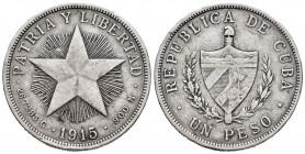 Cuba. 1 peso. 1915. (Km-15.2). Ag. 26,42 g. Nicks on edge. VF. Est...25,00. 

Spanish description: Cuba. 1 peso. 1915. (Km-15.2). Ag. 26,42 g. Golpe...