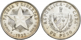 Cuba. 1 peso. 1932. (Km-15.2). Ag. 26,72 g. Minor nicks on edge. Almost XF. Est...25,00. 

Spanish description: Cuba. 1 peso. 1932. (Km-15.2). Ag. 2...