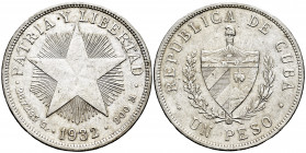 Cuba. 1 peso. 1932. (Km-15.2). Ag. 26,75 g. Almost XF. Est...30,00. 

Spanish description: Cuba. 1 peso. 1932. (Km-15.2). Ag. 26,75 g. EBC-. Est...3...