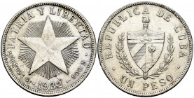 Cuba. 1 peso. 1932. (Km-15.2). Ag. 26,75 g. Almost XF. Est...30,00. 

Spanish description: Cuba. 1 peso. 1932. (Km-15.2). Ag. 26,75 g. EBC-. Est...3...