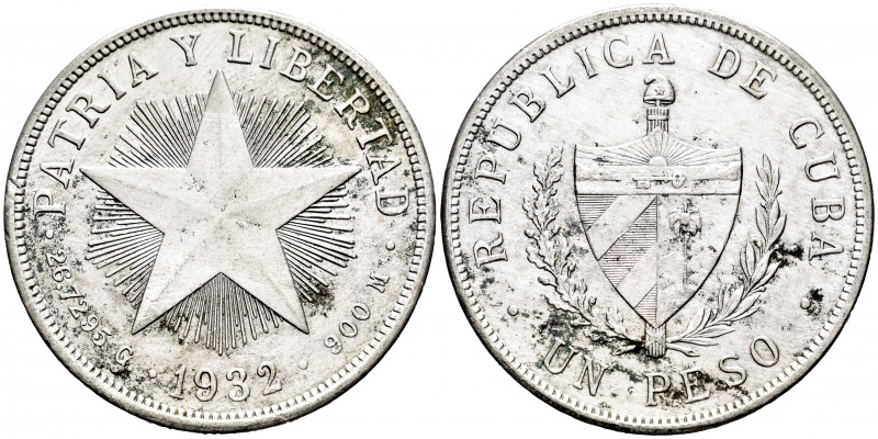 Cuba. 1 peso. 1932. (Km-15.2). Ag. 26,75 g. Cleaning hairlines. Almost XF. Est.....