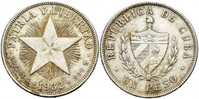 Cuba. 1 peso. 1932. (Km-15.2). Ag. 26,72 g. Hairlines. Almost XF. Est...25,00. 

Spanish description: Cuba. 1 peso. 1932. (Km-15.2). Ag. 26,72 g. Ra...