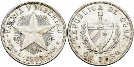 Cuba. 1 peso. 1932. (Km-15.2). Ag. 26,68 g. Scratches. Choice VF. Est...25,00. 

Spanish description: Cuba. 1 peso. 1932. (Km-15.2). Ag. 26,68 g. Ra...