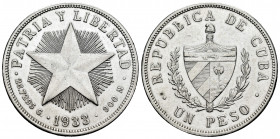 Cuba. 1 peso. 1933. (Km-15.2). Ag. 26,64 g. Choice VF. Est...35,00. 

Spanish description: Cuba. 1 peso. 1933. (Km-15.2). Ag. 26,64 g. MBC+. Est...3...