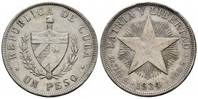 Cuba. 1 peso. 1934. (Km-15.2). Ag. 26,53 g. Choice VF. Est...30,00. 

Spanish description: Cuba. 1 peso. 1934. (Km-15.2). Ag. 26,53 g. MBC+. Est...3...