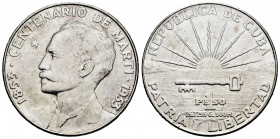 Cuba. 1 peso. 1953. (Km-29). Ag. 26,71 g. Centennial of Jose Marti. XF. Est...35,00. 

Spanish description: Cuba. 1 peso. 1953. (Km-29). Ag. 26,71 g...
