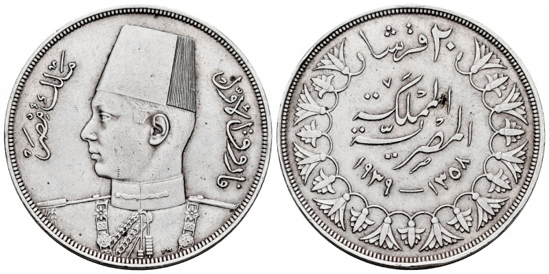 Egypt. 20 piastres. 1358 H (1939). (Km-368). Ag. 27,95 g. Cleaned. Almost XF. Es...