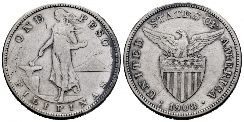 Philippines. 1 peso. 1908. San Francisco. S. (Km-172). Ag. 16,68 g. Scratches. A...