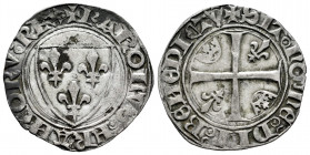 France. Charles VI le fou (1380-1422). Blanc dit "guénar" . Paris. (C-507). (Duplessy-377a). Anv.: + KAROLVS: FRANCORV: REX. Rev.: + SIT: nOmE: DnI: B...