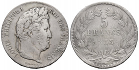 France. Louis Philippe I. 5 francs. 1833. Bordeaux. K. (Gad-678). Ag. 24,85 g. Almost VF. Est...40,00. 

Spanish description: Francia. Louis Philipp...