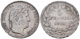 France. Louis Philippe I. 5 francs. 1834. Limoges. I. (Gad-678). (Fr-324). Ag. 24,63 g. Almost VF. Est...40,00. 

Spanish description: Francia. Loui...