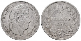 France. Louis Philippe I. 5 francs. 1839. Bordeaux. K. (Gad-678A). (Km-749.7). Ag. 24,72 g. Almost VF. Est...40,00. 

Spanish description: Francia. ...
