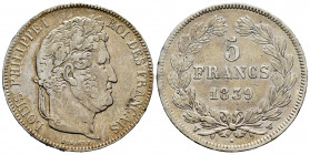 France. Louis Philippe I. 5 francs. 1839. Lille. W. (Km-749.13). Ag. 24,86 g. VF. Est...35,00. 

Spanish description: Francia. Louis Philippe I. 5 f...