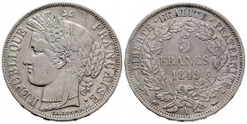 France. 5 francs. 1849. Paris. A. (Km-761.1). (Gad-683). Ag. 24,92 g. VF. Est...50,00. 

Spanish description: Francia. 5 francs. 1849. París. A. (Km...