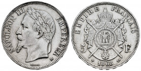 France. Napoleon III. 5 francs. 1868. Strasbourg. BB. (Km-799.2). (Gad-739). Ag. 24,94 g. Slightly cleaned. Choice VF. Est...30,00. 

Spanish descri...