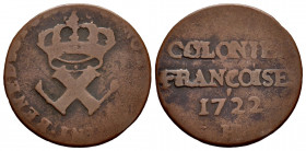 French Colonies. Louis XV. 9 Deniers. 1722. La Rochelle. H. (Km-5.2). Ae. 4,54 g. Rare. Choice F. Est...90,00. 

Spanish description: Colonias Franc...