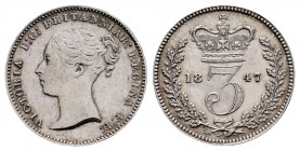 Great Britain. Victoria Queen. 3 pence. 1847. (Km-730). Ag. 1,41 g. Original luster. Rare. AU. Est...175,00. 

Spanish description: Gran Bretaña. Vi...