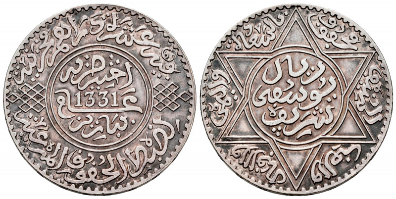 Morocoo. Yusuf. 10 dirhams. 1331 H (1912). (Km-33). Ag. 24,99 g. Choice VF. Est....