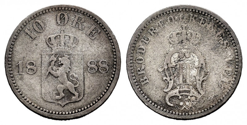 Norway. 10 ore. 1888. (Km-350). Ag. 1,38 g. Very scarce. Choice F. Est...25,00. ...