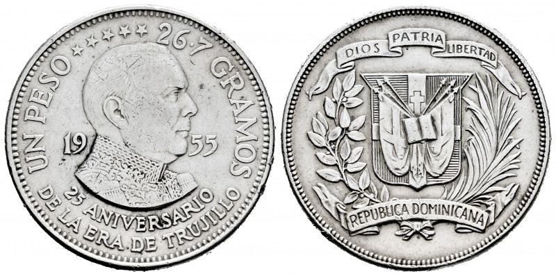 Dominican Republic. 1 peso. 1955. (Km-23). Ag. 26,72 g. 25th Anniversary of Era ...