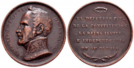 Elizabeth II (1833-1868). Medal. Anv.: ESPARTERO REGENTE DE ESPAÑA. Busto a izquierda. Rev.: EL DEFENSOR FIEL DE LA CONSTITUCIÓN LA REINA ISABEL E IND...