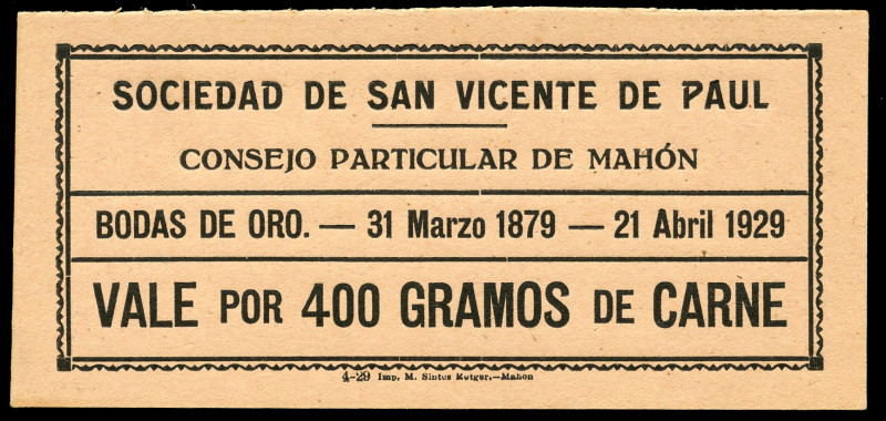 Mahón Particular Council. Society of Saint Vincent de Paul. 1929. It is worth 40...