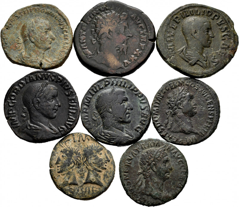 Lot of 8 coins from the Roman Empire. Mainly Sestercios of Marcus Aurelius, Fili...