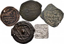 Lot of 5 Islamic coins. Containing Almohad Dirham, Fals of the Independent Emirate, Dirham of Al-Hakam II Contemporary counterfeit, Fals Abbasid and F...