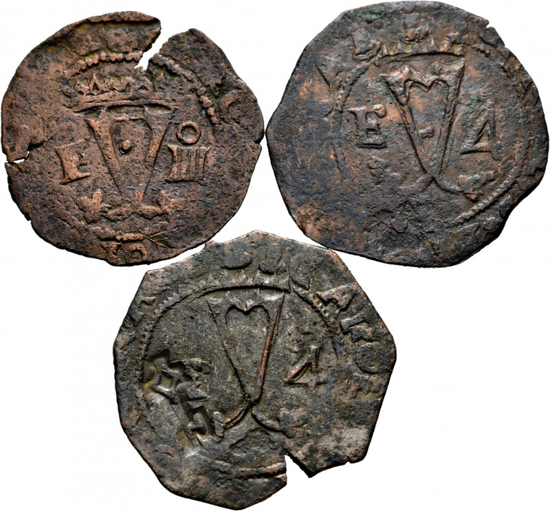 Lot of 3 coins of Juana and Carlos. 4 Maravedís from Santo Domingo S-P, one of t...