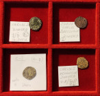 Lot of 4 coins from Catalonia and Valencia. Juana and Carlos, Denier from Barcelona; Carlos I, Denier de Barcelona, Valencia type I/D and V/A. Ae. TO ...
