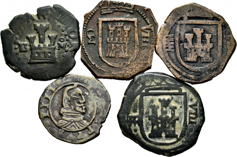 Lot of 5 Spanish coppers, 2 maravedís Felipe II Burgos, 8 maravedís 1618 Madrid ...