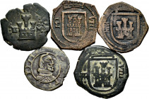 Lot of 5 Spanish coppers, 2 maravedís Felipe II Burgos, 8 maravedís 1618 Madrid (contemporary counterfeit), 8 maravedís Segovia 1618, 4 maravedís 1661...