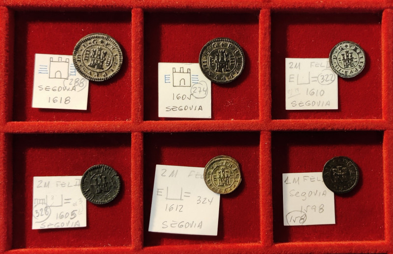 Lot of 6 coins of Philip II and III. All from the Segovia mint, 2 Maravedís 1598...