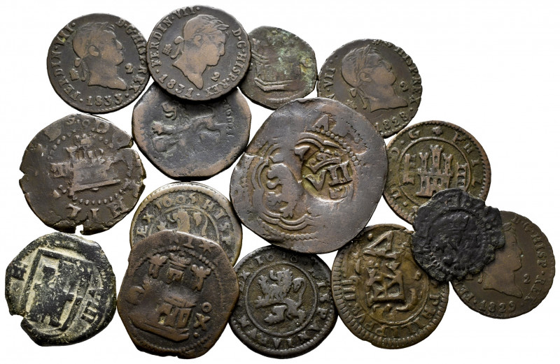 Lot of 15 different Spanish Monarchy coppers. TO EXAMINE. F/Almost VF. Est...70,...