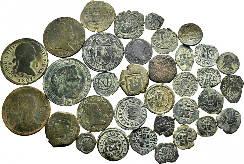 Lot of 34 different Spanish Monarchy coppers. TO EXAMINE. F/Choice VF. Est...400...