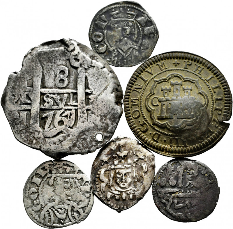 Lot of 6 Spanish pieces, 3 medieval, 1 copper countermarked, 1 dieciocheno, 1 of...