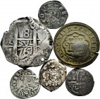 Lot of 6 Spanish pieces, 3 medieval, 1 copper countermarked, 1 dieciocheno, 1 of 8 reales cob holed. TO EXAMINE. F/Choice F. Est...150,00. 

Spanish...
