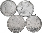 Lot of 4 coins of the Spanish Monarchy. 8 Reales of Carlos III, 1772 México FM (Inverted); 1787 Mexico FM (Ring on edge); Fernando VII 1809 Mexico TH ...