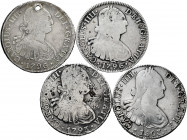 Lot of 4 coins of the Spanish Monarchy. 8 Reales of Carlos IV, 1793 México FM; 1796 México FM; Potosí PP (Holed) and 1803México FT. Ag. TO EXAMINE. Al...