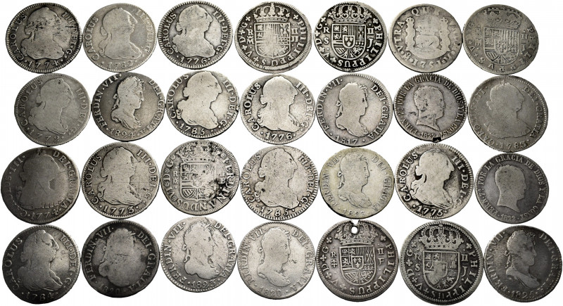 Lot of 50 coins of 2 reales of the Spanish Monarchy, from Philip V to Ferdinand ...
