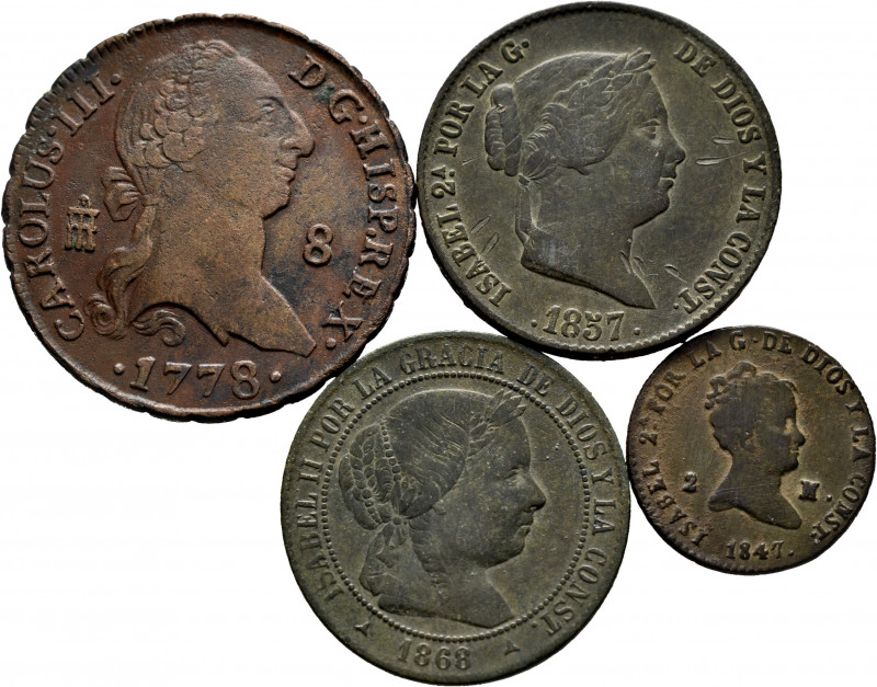 Lot of 4 Bourbon coins. Containing 8 Maravedís of Carlos III 1778 Segovia and of...