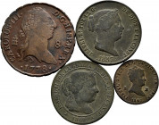 Lot of 4 Bourbon coins. Containing 8 Maravedís of Carlos III 1778 Segovia and of Isbael II 2 Maravedís 1847 Segovia, 25 Cent. 1857 Segovia and 2 1/2 C...