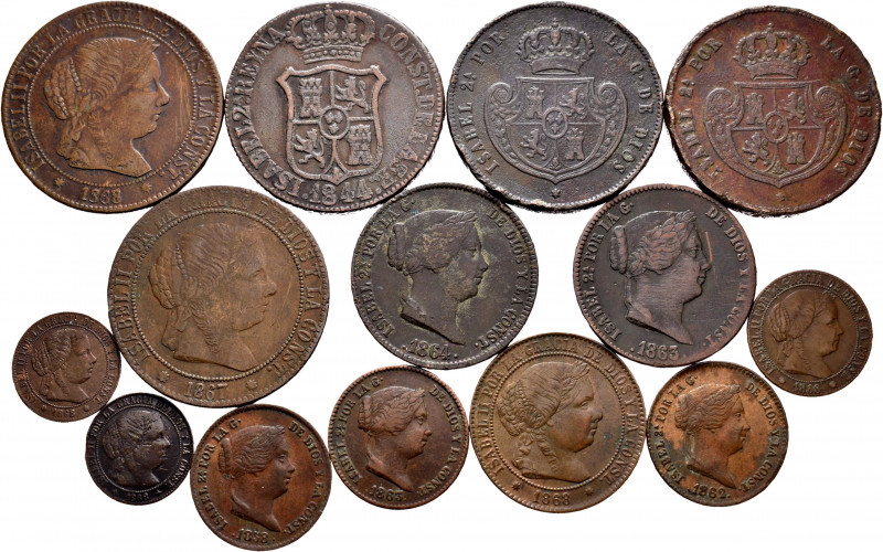 Lot of 14 coins of Isabel II. All coppers with a variety of values, years and mi...