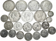 Lot of 21 monedas; 40 céntimos de escudo 1866 Madrid; 50 céntimos 1869; 1 peseta 1869, 1876, 1881, 1883, 1899, 1900 (2) y 1902; 2 pesetas 1870, 1879, ...
