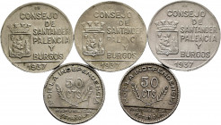 Lot of 5 coins from Santander, Palencia and Burgos. Civil war 1937, different values. Ni. TO EXAMINE. VF/Choice VF. Est...90,00. 

Spanish descripti...
