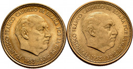 Lot of 2 coins of 2,5 pesetas 1953(*54, *56). TO EXAMINE. Almost MS. Est...20,00. 

Spanish description: Lote de 2 piezas de 2,5 pesetas 1953(*54, *...